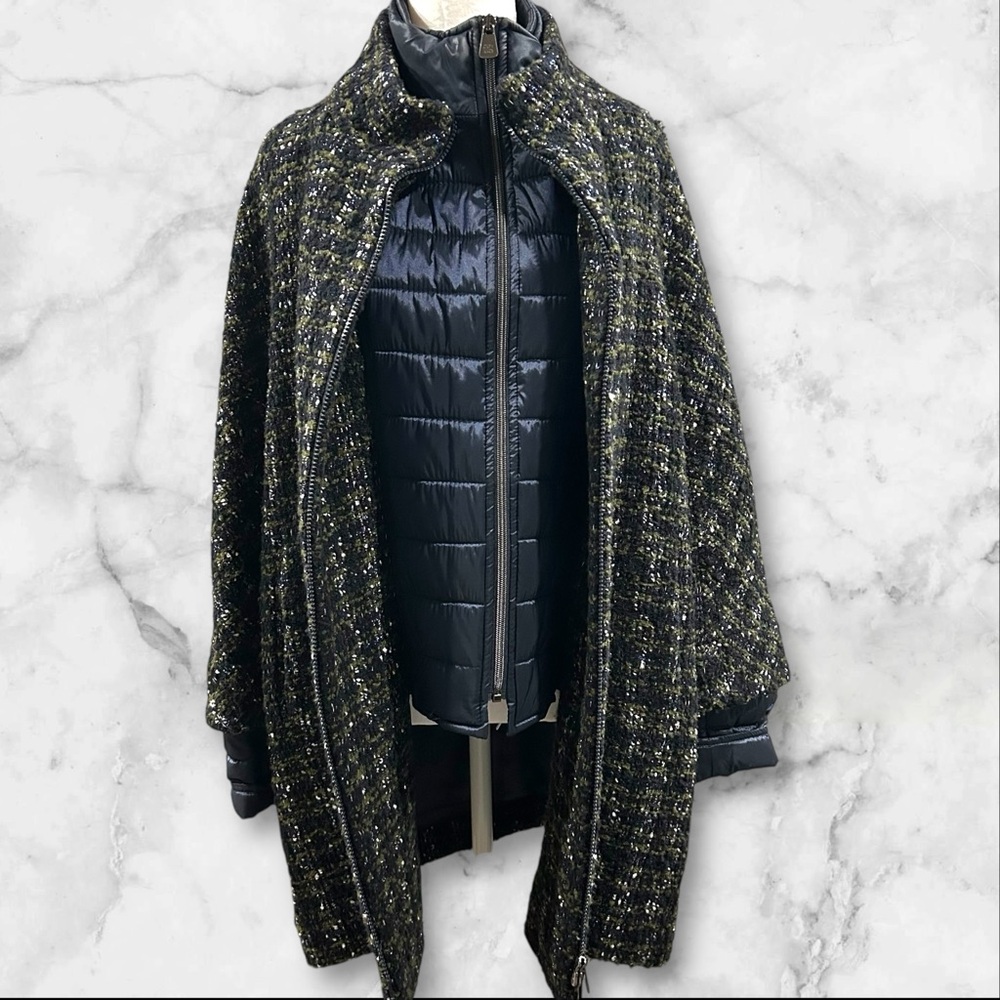 Cinzia‎ Rocca Wool Silk Blend Tweed Coat w/ Quilted Blue Puffer Trim Size 8